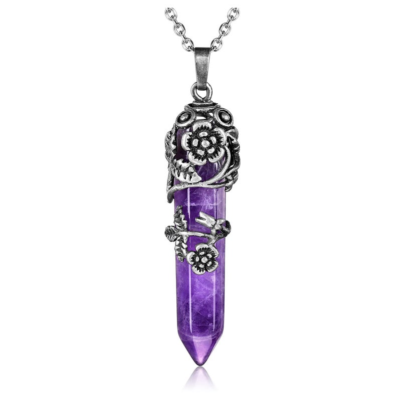 Top Plaza Antique Silver Flower Wrapped Natural Amethyst Healing Crystal Necklace - Image 1